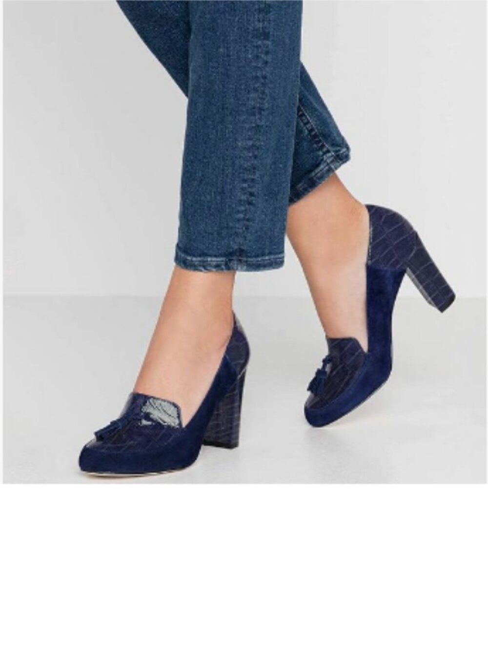 YDN Royal Blue Tassels Block Chunky High Heels Pumps Suede Shoes
